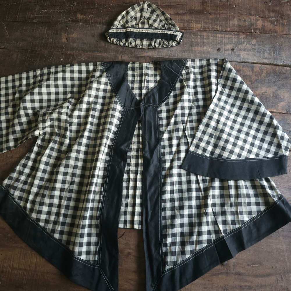 Vintage 1920s Gingham Beach Cape and Swim Cap Set Black White Check Antique